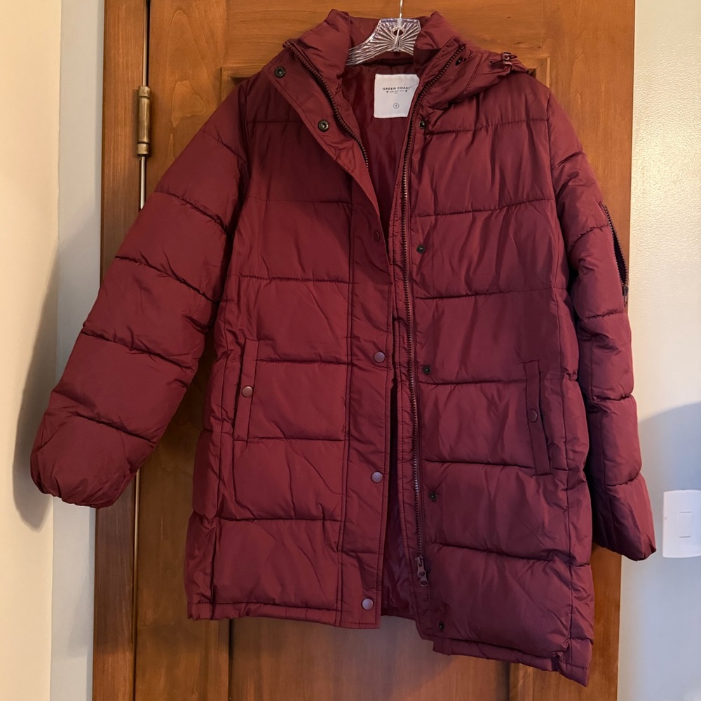 Green Coast Burgundy Long Multi Pocket Puffer Jacket